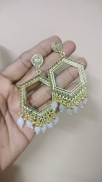 Hexagon shape resin jhumka base with white beads golden