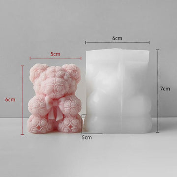 3D Rose Flower Teddy Bear With Bow Candle Mould