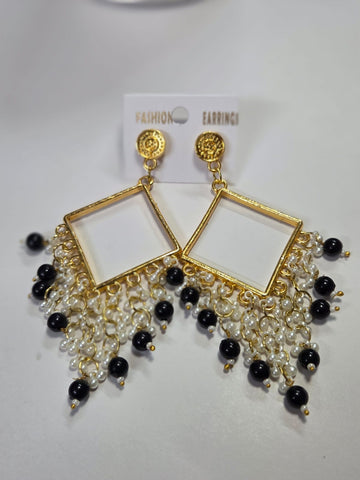 Square Chand Bali Jhumka golden with black beads