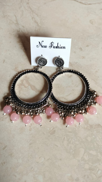 Silver Round Jhumka with Beads