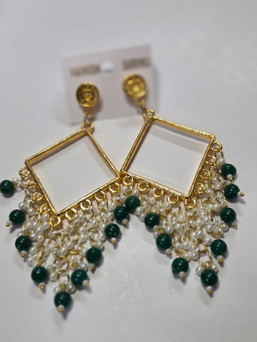 Square Chand Bali Jhumka golden with green beads