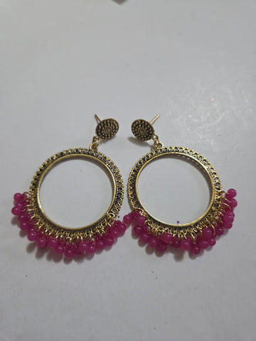 Golden Jhumkha With Rani pink Beads