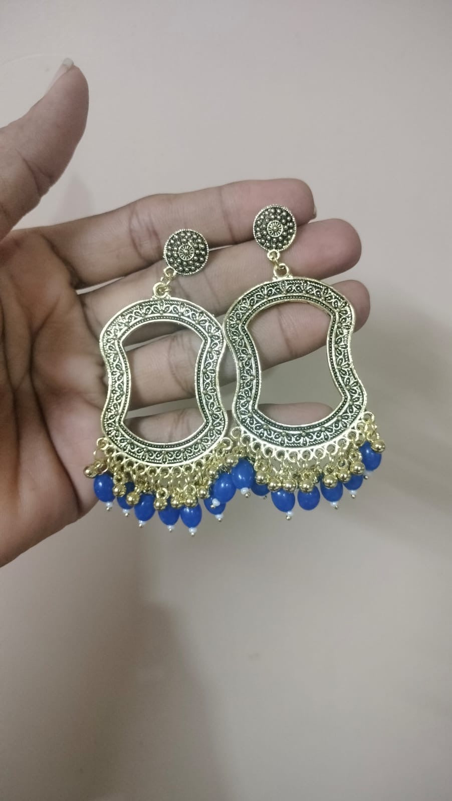 resin jhumka base with blue beads  golden