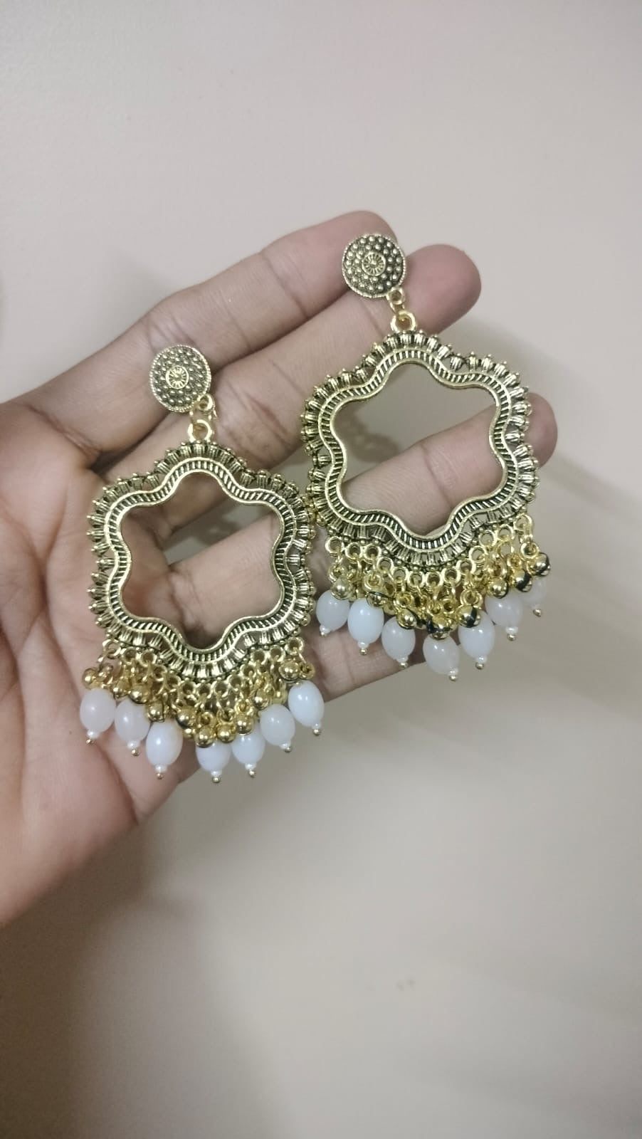 Flower shape resin jhumka base with white beads  golden