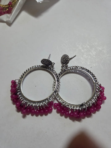 Silver Jhumkha With Rani pink Beads