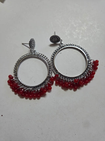 Silver Jhumkha With Red Beads