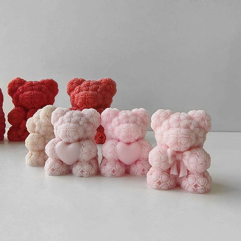 3D Rose Flower Teddy Bear With Bow Candle Mould