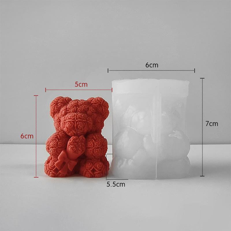 3D Rose Flower Teddy Bear With holding Boken Candle Mould
