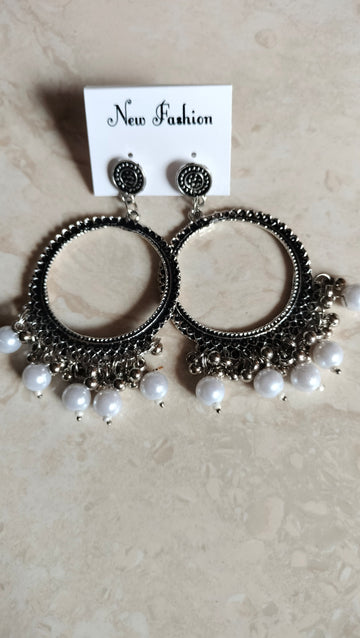 Silver Round Jhumka with Beads