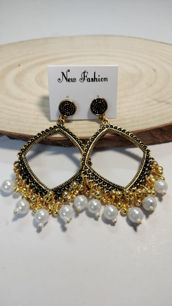 Golden Square Jhumka With Beads