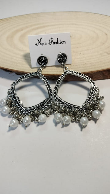 Silver Square Jhumka With Beads