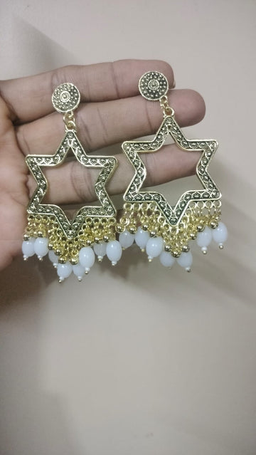 Star shape resin jhumka base with white beads golden
